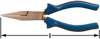 A pair of blue-handled flat nose pliers, lying horizontally, with grips at the beginning of the handle near the pliers head.  A double-headed arrow beneath, indicating measurement length from tip to handle end.